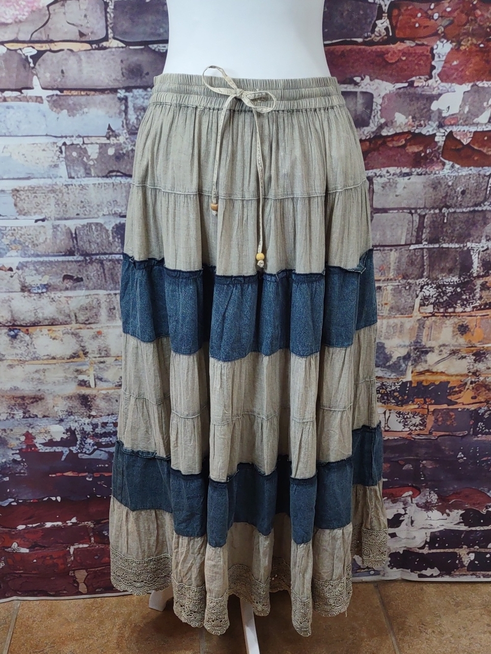 Two-Tone Tiered Maxi Skirt - Khaki Tan/Denim Blue
